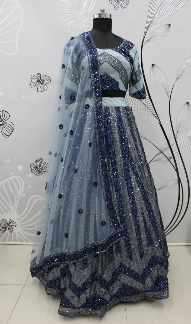 Admirable Grey Color Soft Net Fabric Sequins Work Lehenga Choli